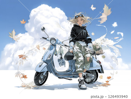 スクーターで紅葉を見に来た若い女性のイラスト素材 126493940