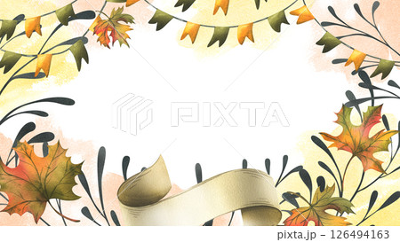 Orange autumn maple leaves, flags garland and twigs. Watercolor illustration, hand drawn. Horizontal frame, template for text rectangular isolated from background Thanksgiving, Harvest, Halloween 126494163