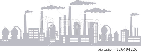 Industrial factories silhouette background. Oil refinery complex with pipes and tanks gas production rigs Industrial factories silhouette background. Oil refinery complex with pipes and tanks gas production rigs 126494226