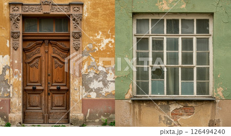 Old Building Exterior with Wooden Door and Window 126494240