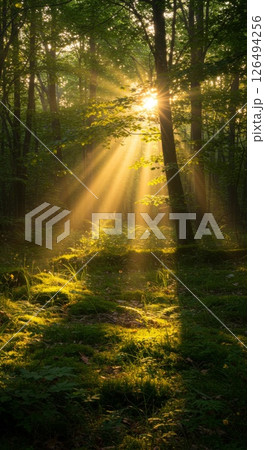 Golden Sunlight Streaming Through Forest Trees 126494256