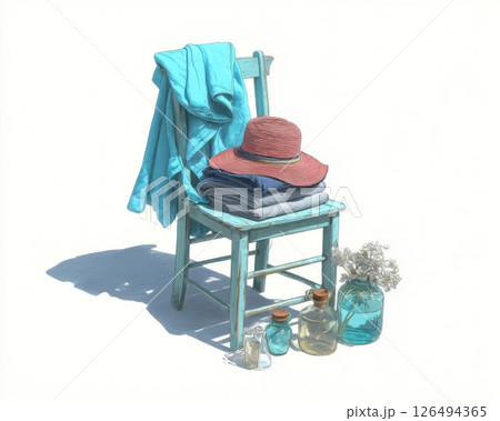 Summer Clothing Stacked on Rustic Chair with Glass Bottles 126494365