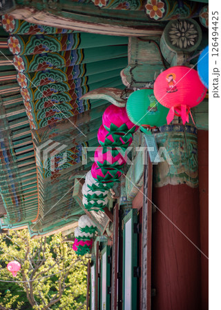 Colorful Buddha birthday lanterns at Namsangol Hanok Village in Seoul, South Korea Colorful Buddha birthday lanterns at Namsangol Hanok Village in Seoul, South Korea 126494425