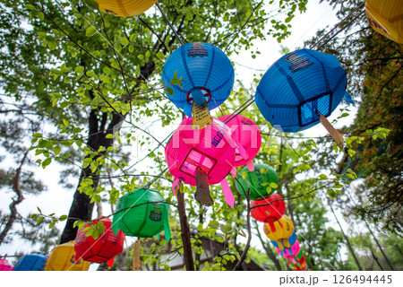 Colorful Buddha birthday lanterns at Namsangol Hanok Village in Seoul, South Korea 126494445