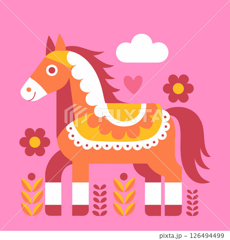 Cute horse in nature with flowers on pink background. Horse illustration in folk art style. Pop art illustration. Cute horse in nature with flowers on pink background. Horse illustration in folk art style. Pop art illustration. 126494499