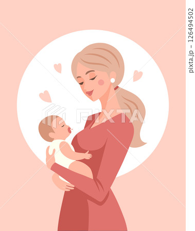 Cute mother holding her baby in her arms. Greeting card, banner. Flat  illustration. 126494502