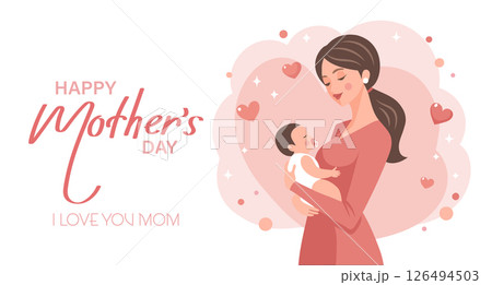 Cute mother holding her baby in her arms. Mother's Day card, banner. Flat illustration. Cute mother holding her baby in her arms. Mother's Day card, banner. Flat illustration. 126494503