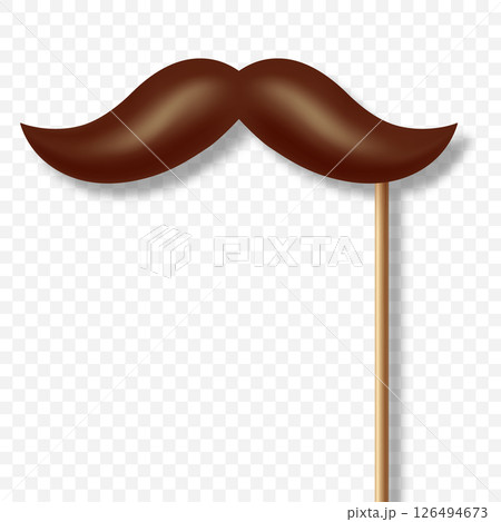 Vector 3d Realistic Brown Mustache Prop on Stick. Simple Mustache for Party, Photo Booth, Masquerade, Costume, Funny Carnival, Cosplay, Hipster Style. Retro Gentlemen Look, Celebration and Fun 126494673