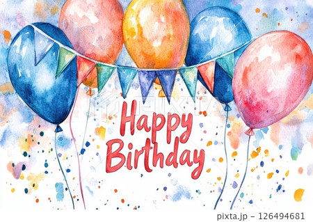 Colorful watercolor illustration of balloons and festive bunting celebrating a joyful birthday occasion 126494681