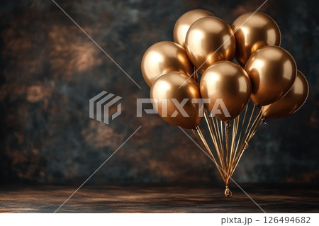 Golden balloons arranged elegantly against a textured dark background for festive celebrations 126494682