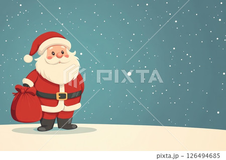 Cheerful Santa Claus illustration standing in snow with festive atmosphere and gift bag Cheerful Santa Claus illustration standing in snow with festive atmosphere and gift bag 126494685
