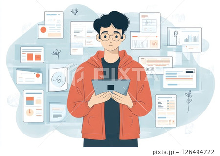 Young man in casual attire holding tablet surrounded by digital data and analytics visuals 126494722