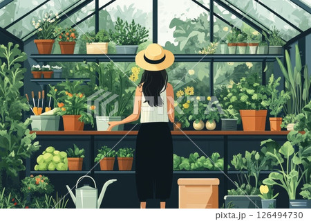 Woman in a greenhouse surrounded by lush plants and vibrant flowers, enjoying nature's beauty Woman in a greenhouse surrounded by lush plants and vibrant flowers, enjoying nature's beauty 126494730
