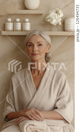 Mature woman with gray hair in a cozy robe, relaxing in a serene spa environment with natural decor 126494735