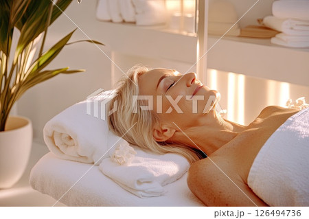 Relaxed woman enjoying a soothing spa treatment in a tranquil wellness environment 126494736