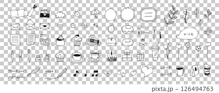 手帳やダイヤリーの為の手書きの装飾イラストセット。カフェのケーキ、マフィン、手紙、メモ、カメラ、イン 126494763