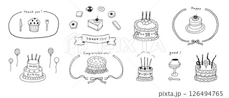 かわいいケーキやお菓子の手書きイラストセット。結婚式や誕生日を祝う記念日のケーキ。ガーリーなリボンの 126494765