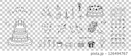 Hand drawn illustration set of a wedding or birthday party. Anniversary cake with candles. Bouquet of flowers, confetti, gift. Hand drawn illustration set of a wedding or birthday party. Anniversary cake with candles. Bouquet of flowers, confetti, gift. 126494767