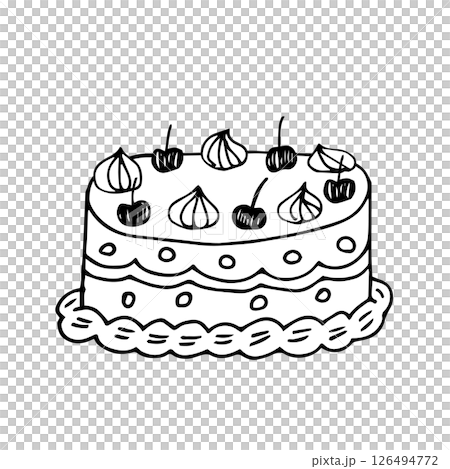 かわいいケーキの手書きイラスト。結婚式や誕生日を祝う記念日のケーキ。ガーリーな雰囲気のクリップアート 126494772