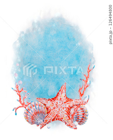 Watercolor illustration with red starfish, seashells and coral branches on a blue marine background with space for text, perfect for summer cards, invitations, and ocean-themed designs. 126494800