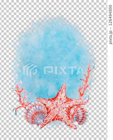 Watercolor illustration with red starfish, seashells and coral branches on a blue marine background with space for text, perfect for summer cards, invitations, and ocean-themed designs. Watercolor illustration with red starfish, seashells and coral branches on a blue marine background with space for text, perfect for summer cards, invitations, and ocean-themed designs. 126494800