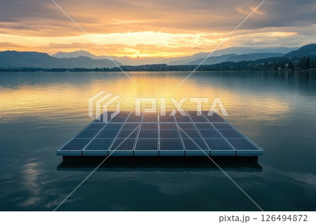 Solar Panels Floating on Water at Sunset with Scenic Mountains and Calm Reflections 126494872