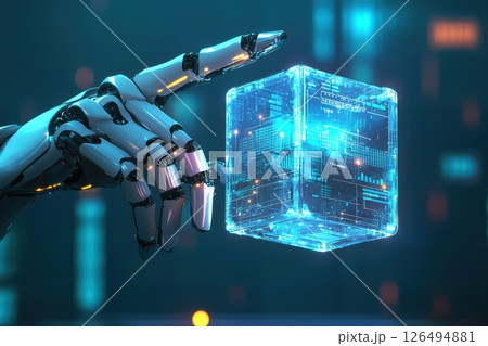 Robotic Hand Holding a Glowing Cube with Futuristic Elements and Blue Light Effects 126494881