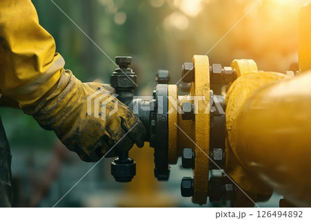 Technician Tightening Connection on Industrial Pipeline with Yellow Gloves Under Afternoon Sunlight 126494892