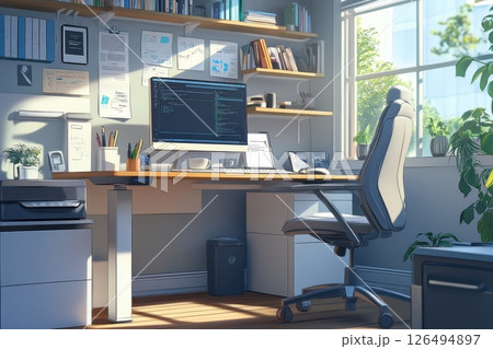 Modern Home Office Interior with Computer Workspace and Natural Light Streaming In Modern Home Office Interior with Computer Workspace and Natural Light Streaming In 126494897