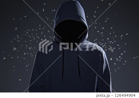 Futuristic hacker in hoodie surrounded by floating digital elements in dark setting Futuristic hacker in hoodie surrounded by floating digital elements in dark setting 126494904