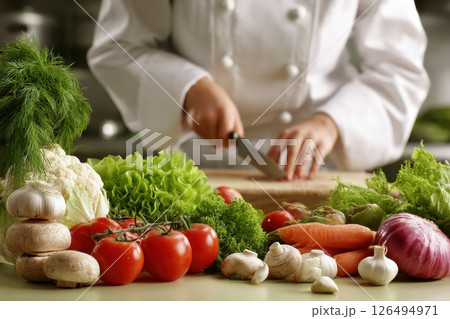Chef Prepares Delicious Meal Using Fresh Organic Ingredients in Kitchen Environment Chef Prepares Delicious Meal Using Fresh Organic Ingredients in Kitchen Environment 126494971