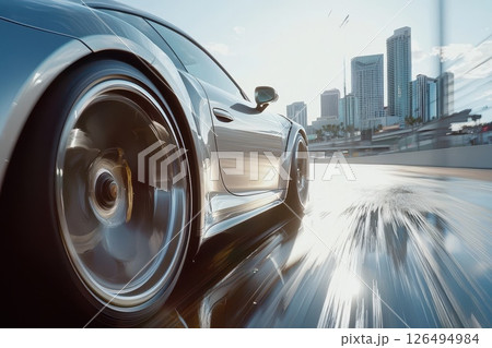 Luxury Car Speeding Down City Street 126494984