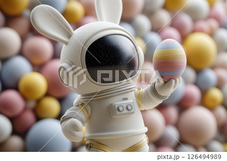 Cute child-sized astronaut character holding colorful egg among pastel spheres in the background 126494989