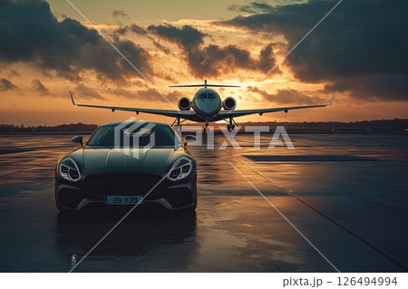 Business Class Luxury, Seamless Airport Transfer with High-End Car and Private Jet on Runway Business Class Luxury, Seamless Airport Transfer with High-End Car and Private Jet on Runway 126494994