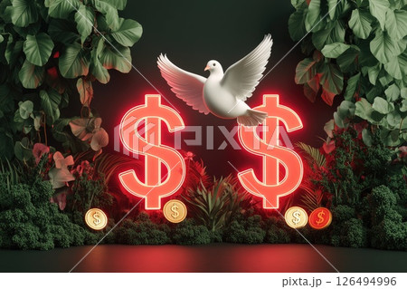 Abstract 3D Design with Dove, Neon Money Symbols, and Coins in a Futuristic Garden for Financial Freedom Banner Abstract 3D Design with Dove, Neon Money Symbols, and Coins in a Futuristic Garden for Financial Freedom Banner 126494996