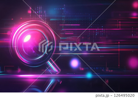 Glowing Digital Search Bar with Magnifying Glass in Futuristic Design 126495020