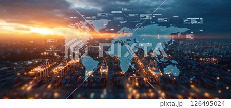 Futuristic Shipping Port with Holographic World Map and Business Data Overlays Futuristic Shipping Port with Holographic World Map and Business Data Overlays 126495024