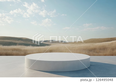 Minimalistic Round Platform in Countryside Landscape with Smooth Horizon and Soft Clouds Minimalistic Round Platform in Countryside Landscape with Smooth Horizon and Soft Clouds 126495048