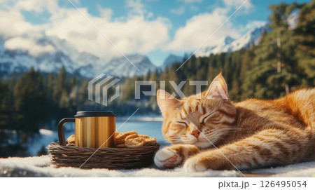 Cozy Winter Scene with Cat and Picnic Setup 126495054