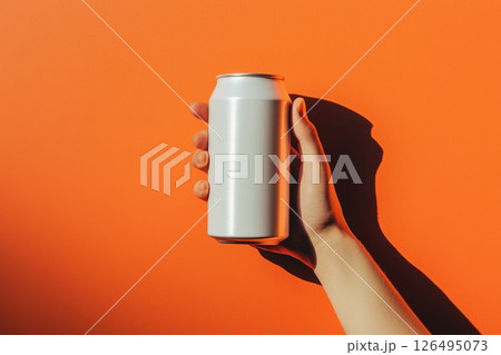 Hand Holding White Aluminum Soda Can Against Vibrant Orange Background Hand Holding White Aluminum Soda Can Against Vibrant Orange Background 126495073