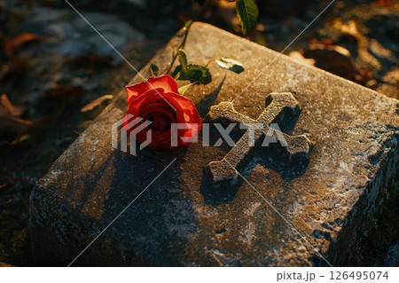 Single Red Rose on Granite Gravestone Single Red Rose on Granite Gravestone 126495074