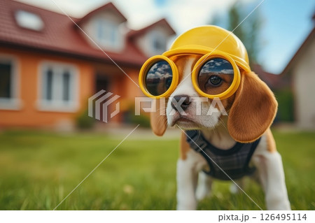 Playful Energetic Beagle Puppy in Sunglasses and Cap Enjoying a Sunny Day Outdoors 126495114