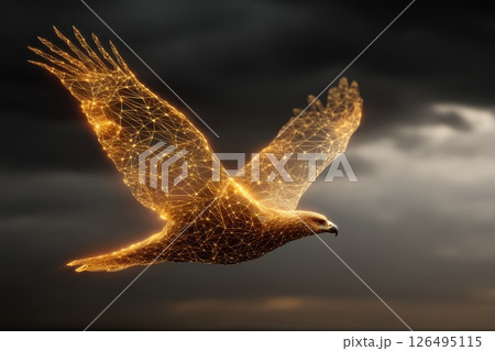 High-Tech Eagle in Flight Composed of Glowing Polygonal Shapes Against Dramatic Sky 126495115