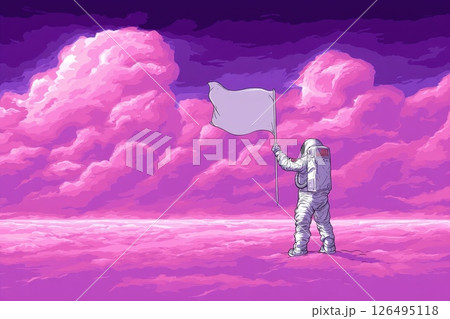 Cartoon Astronaut Planting Flag in Colorful Clouds with a Humorous Twist 126495118