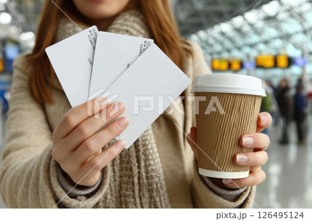 Close-Up of Hands Holding Travel Tickets and Coffee Cup at an Airport Terminal Close-Up of Hands Holding Travel Tickets and Coffee Cup at an Airport Terminal 126495124