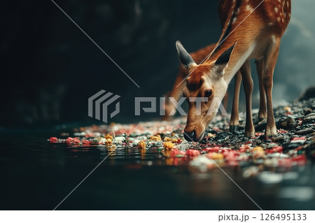 Serene Forest Scene with Animals Drinking Cautiously from a Stream Surrounded by Colorful Stones 126495133