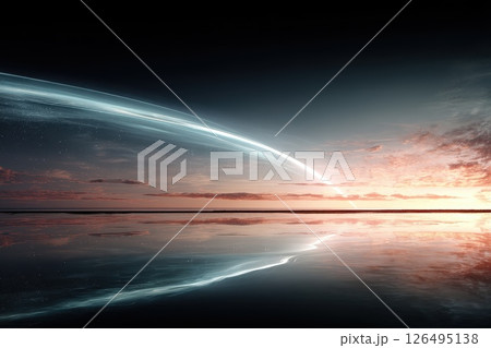 Tranquil Evening at the Lake with Sunset Reflections and Luminous Overlays in the Sky Tranquil Evening at the Lake with Sunset Reflections and Luminous Overlays in the Sky 126495138