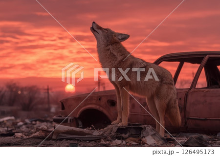Coyote Howls at Sunset on Rusty Vehicle Chassis in Deserted Landscape with Dramatic Sky Coyote Howls at Sunset on Rusty Vehicle Chassis in Deserted Landscape with Dramatic Sky 126495173