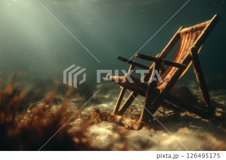 Serene Beach Chair Floating Underwater with Soft Ocean Waves and Sunlight Gradients 126495175