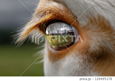 Close Up of Cow's Eye Reflecting Green Pasture and Farm Landscape in Natural Setting 126495176